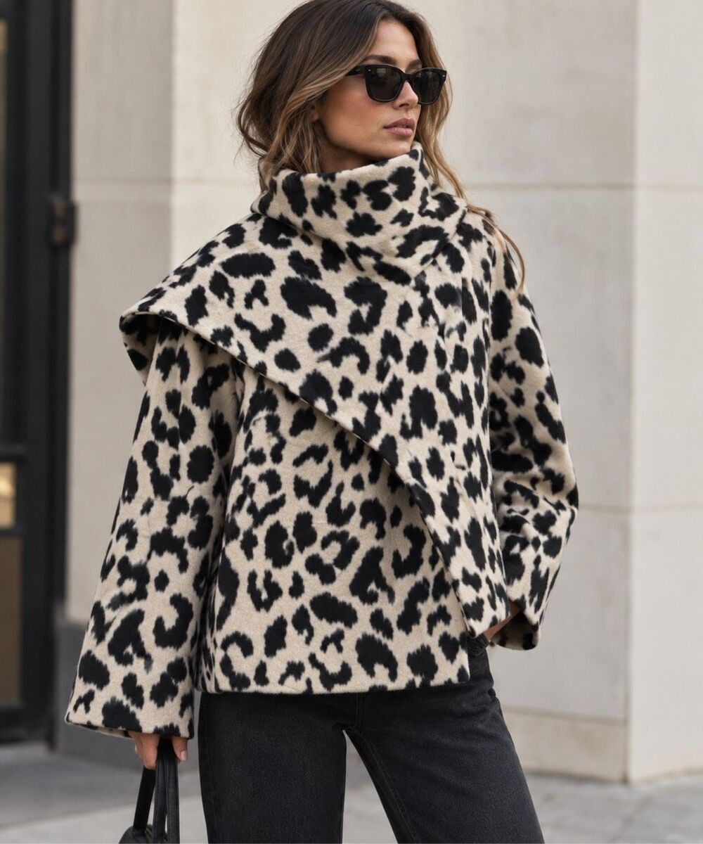 NWOT Zara Animal Printed Wool Blend Scarf Wrap Coat Size Small